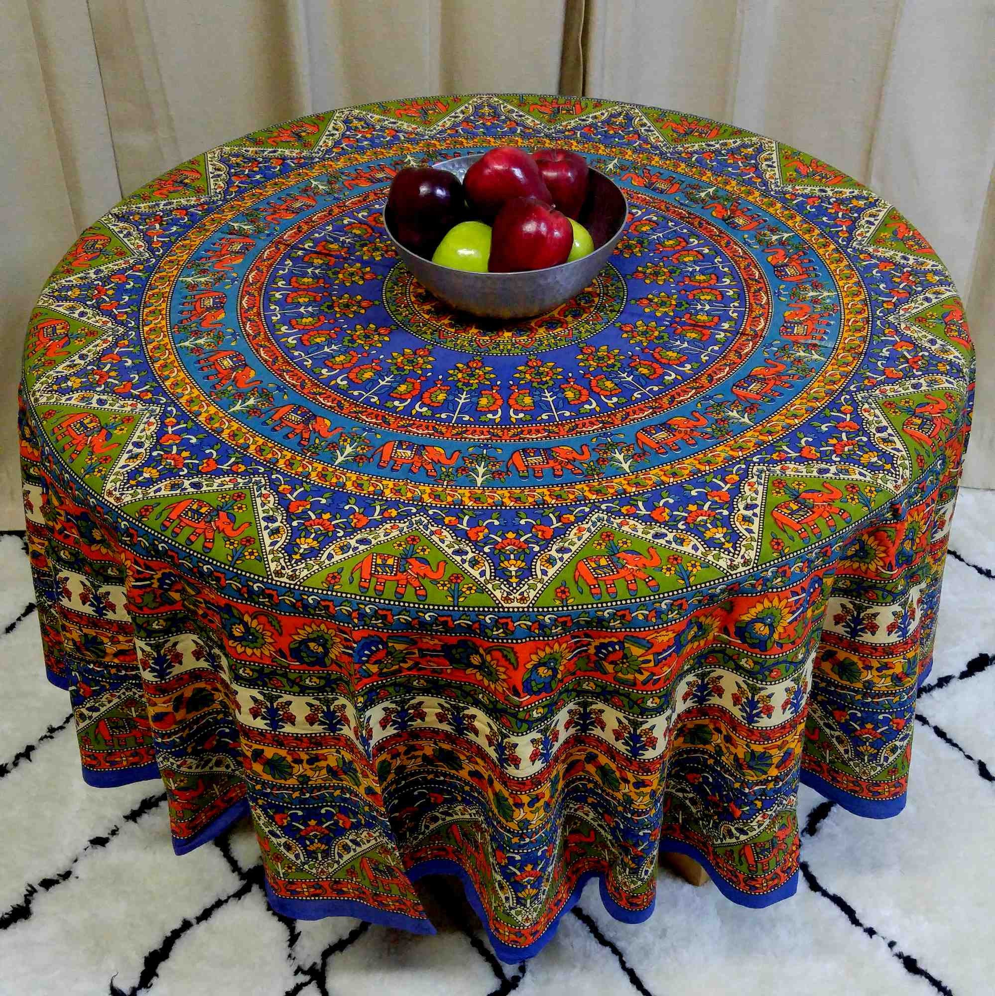 CLEARANCE SALE Handmade Cotton Mandala Floral Elephant Tablecloth 76" Round Blue - Sweet Us