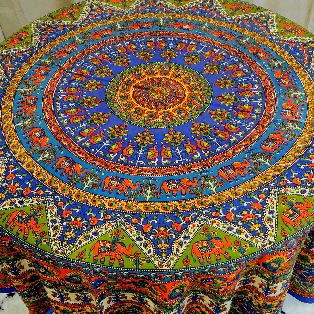 CLEARANCE SALE Handmade Cotton Mandala Floral Elephant Tablecloth 76" Round Blue - Sweet Us