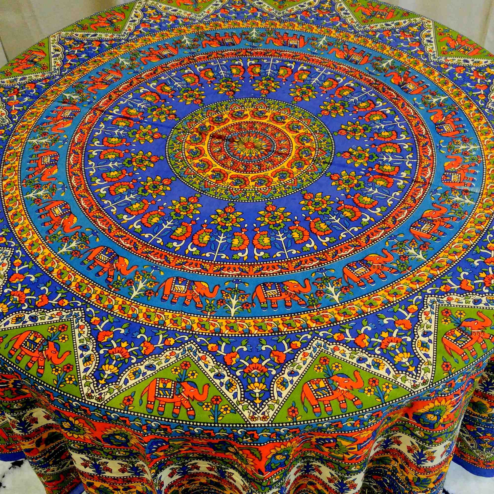 CLEARANCE SALE Handmade Cotton Mandala Floral Elephant Tablecloth 76" Round Blue - Sweet Us