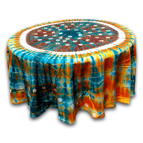 Cotton Bandhani Tie Dye Mandala Tablecloth Round 76 inches Blue Orange Brown - Sweet Us