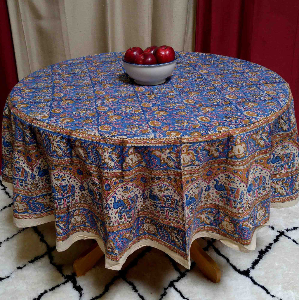Handmade Hand Block Print Tablecloth 100% Cotton 72" Round Blue Gorgeous - Sweet Us
