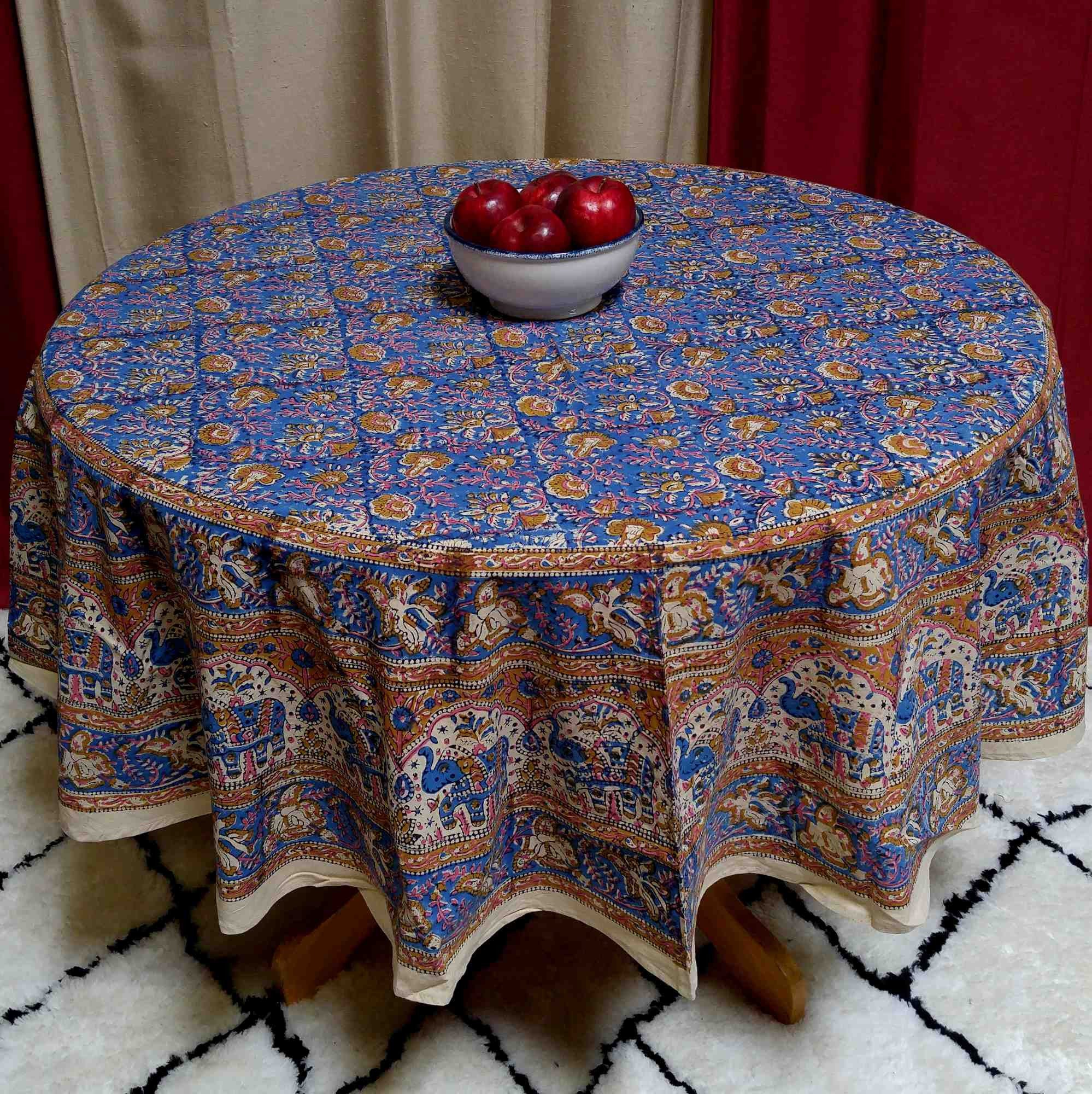 Handmade Hand Block Print Tablecloth 100% Cotton 72" Round Blue Gorgeous - Sweet Us