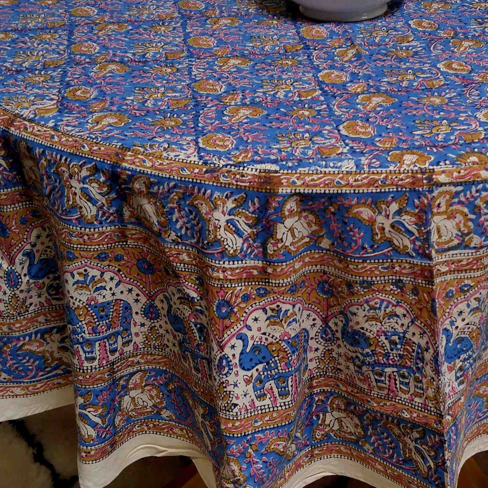 Handmade Hand Block Print Tablecloth 100% Cotton 72" Round Blue Gorgeous - Sweet Us