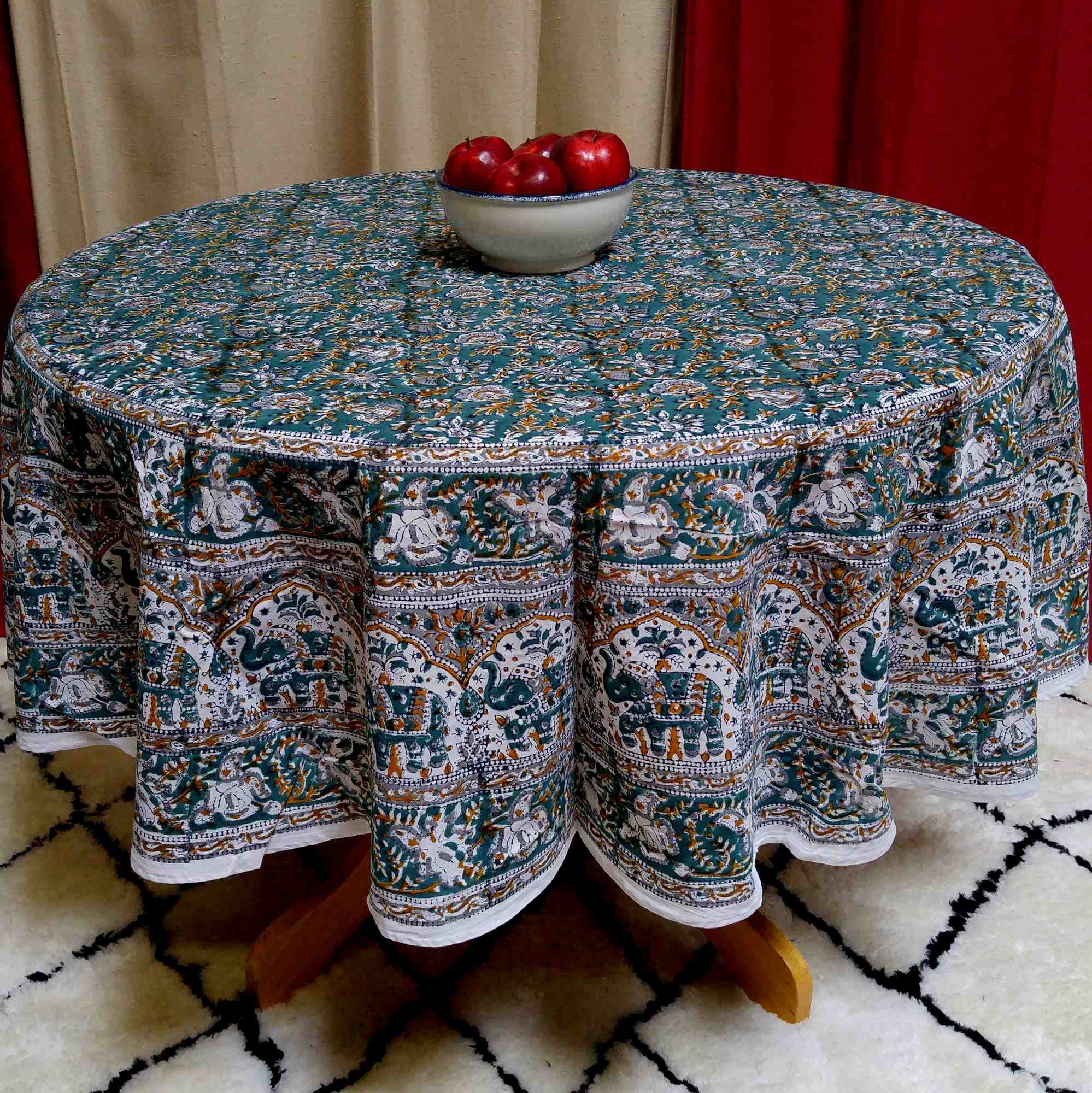 Handmade 100% Cotton Hand Block Print Floral Tablecloth 72 Inch Round Green - Sweet Us