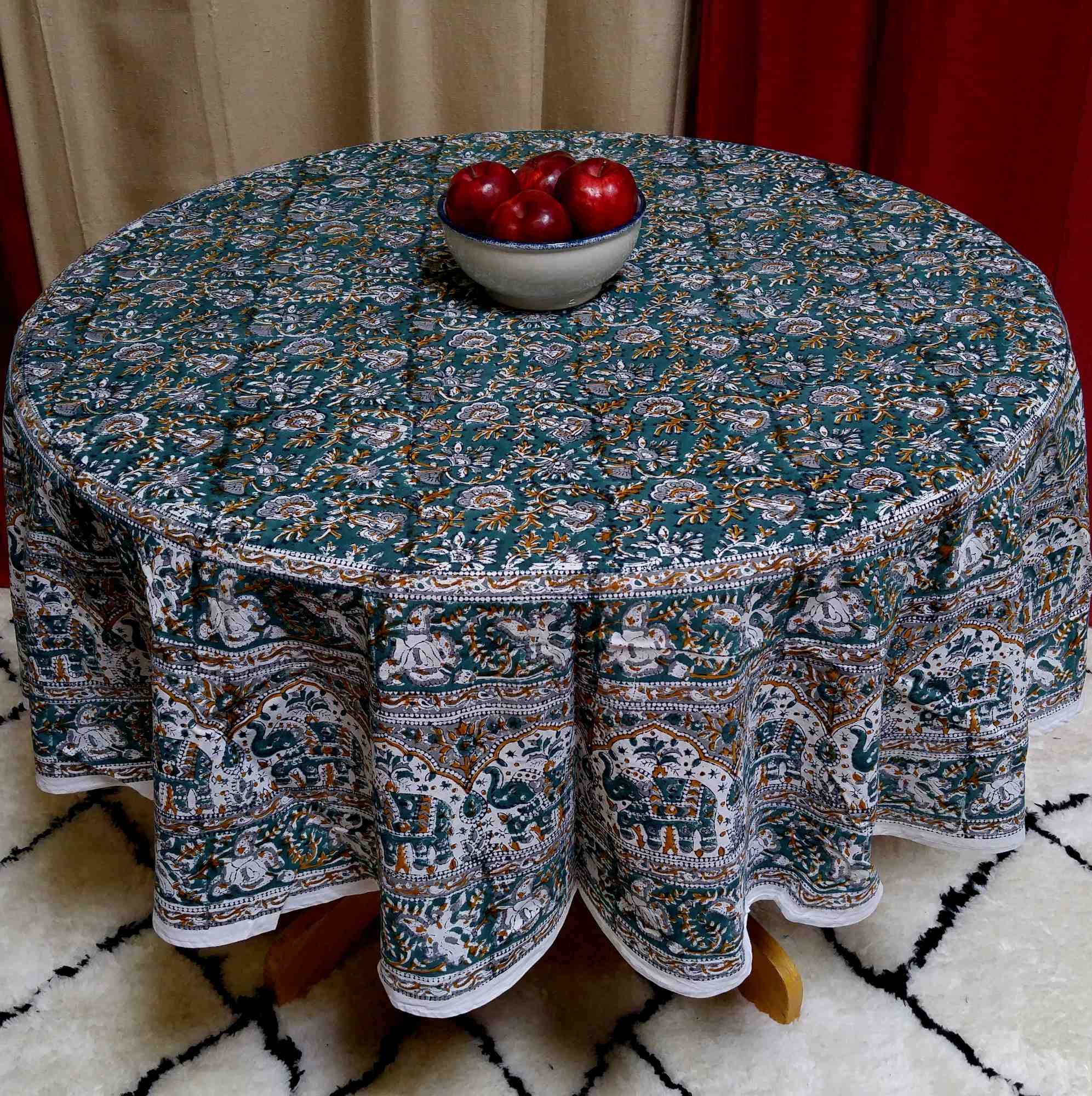 Handmade 100% Cotton Hand Block Print Floral Tablecloth 72 Inch Round Green - Sweet Us