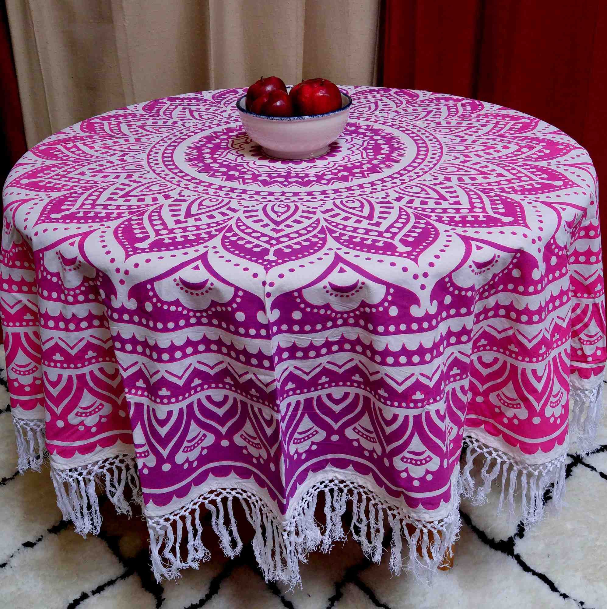 Cotton Tie Dye Floral Tablecloth Round with Fringes 72 inches Pink - Sweet Us