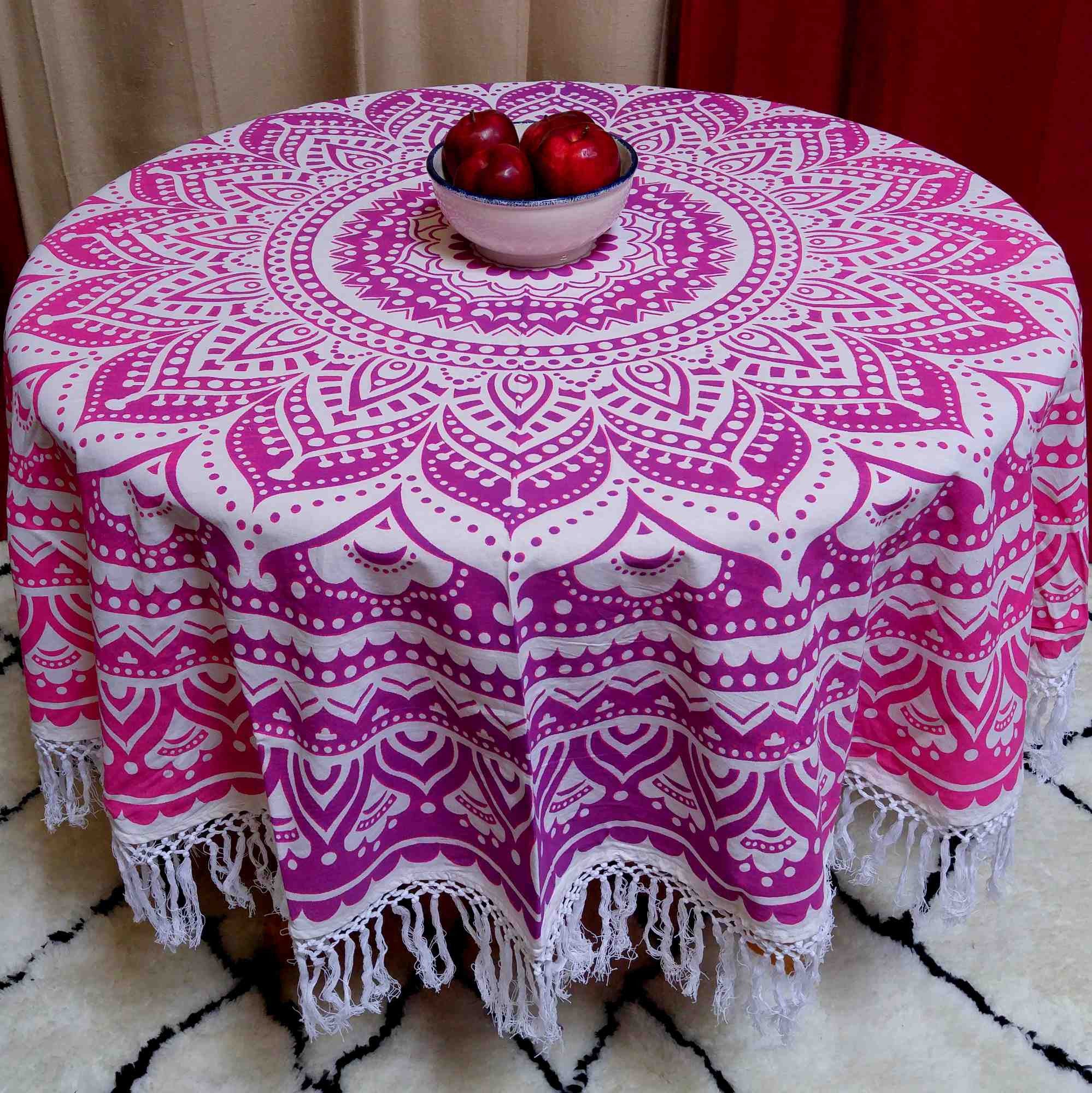 Cotton Tie Dye Floral Tablecloth Round with Fringes 72 inches Pink - Sweet Us