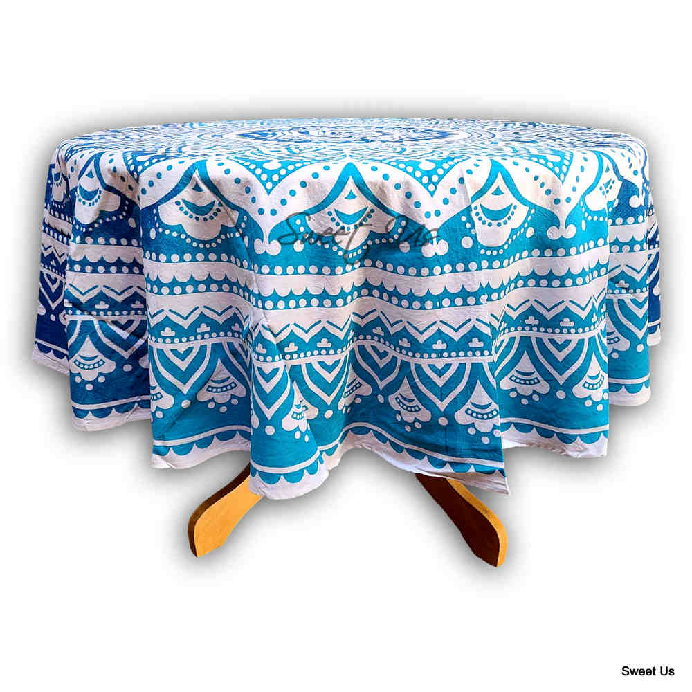 Cotton Tie Dye Floral Tablecloth Round White Blue