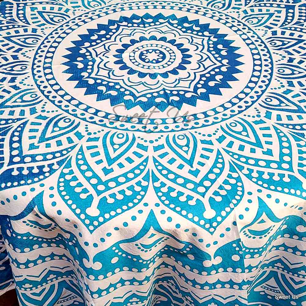 Cotton Tie Dye Floral Tablecloth Round White Blue