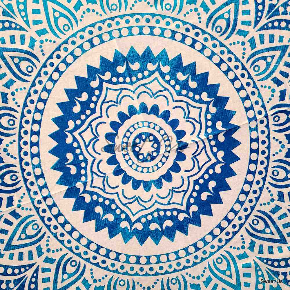 Cotton Tie Dye Floral Tablecloth Round White Blue