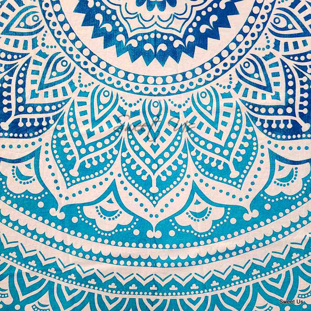 Cotton Tie Dye Floral Tablecloth Round White Blue