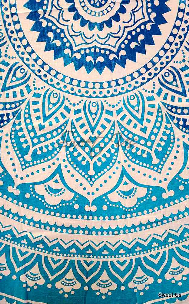 Cotton Tie Dye Floral Tablecloth Round White Blue