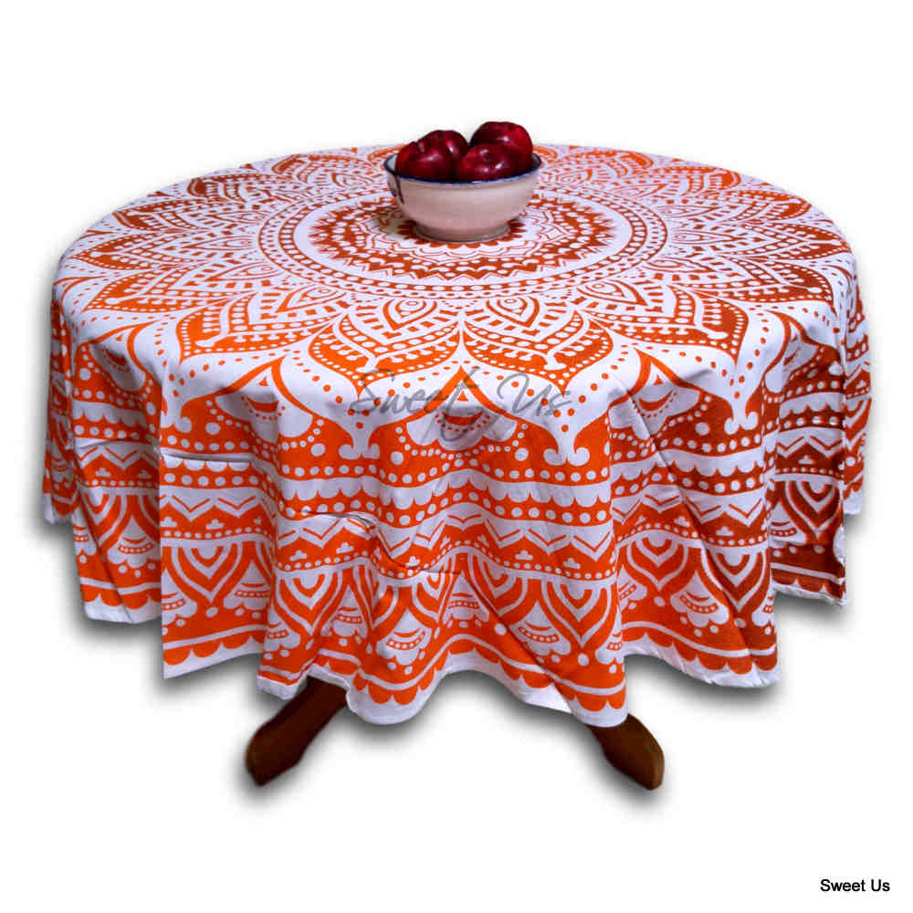 Cotton Tie Dye Floral Tablecloth Round White Orange