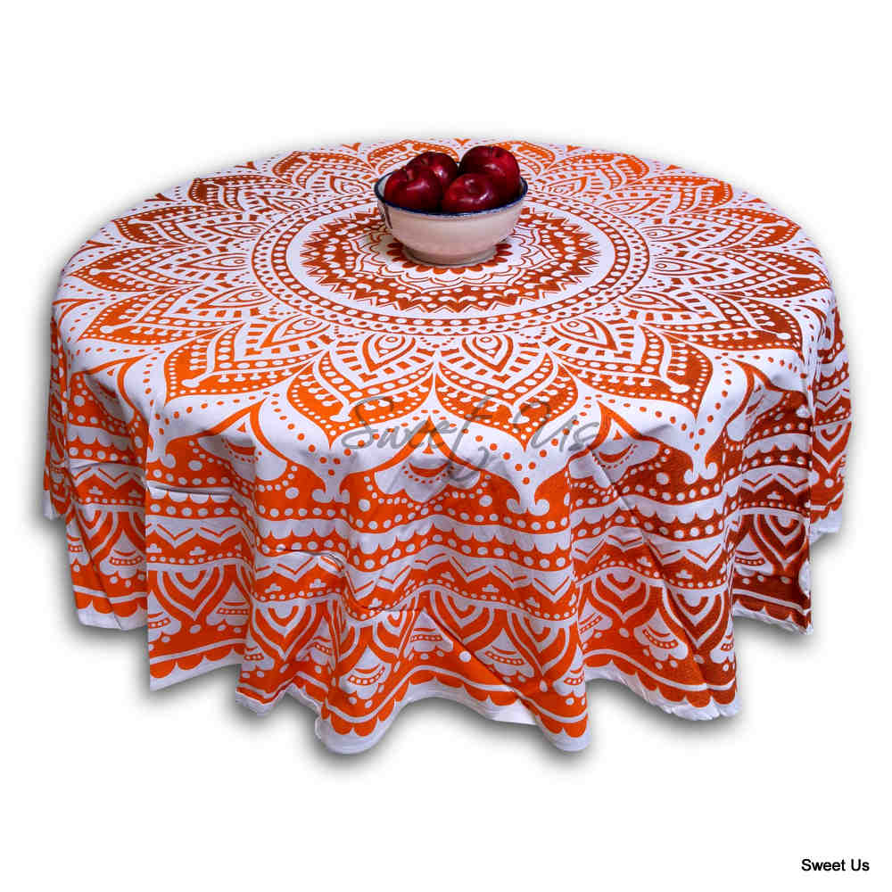 Cotton Tie Dye Floral Tablecloth Round White Orange