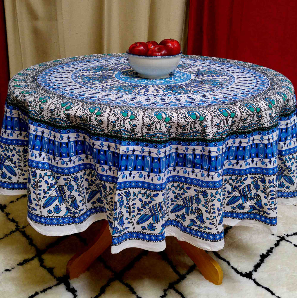 Handmade Elephant and Peacock Print Cotton Tablecloth Round 69 inches Blue - Sweet Us