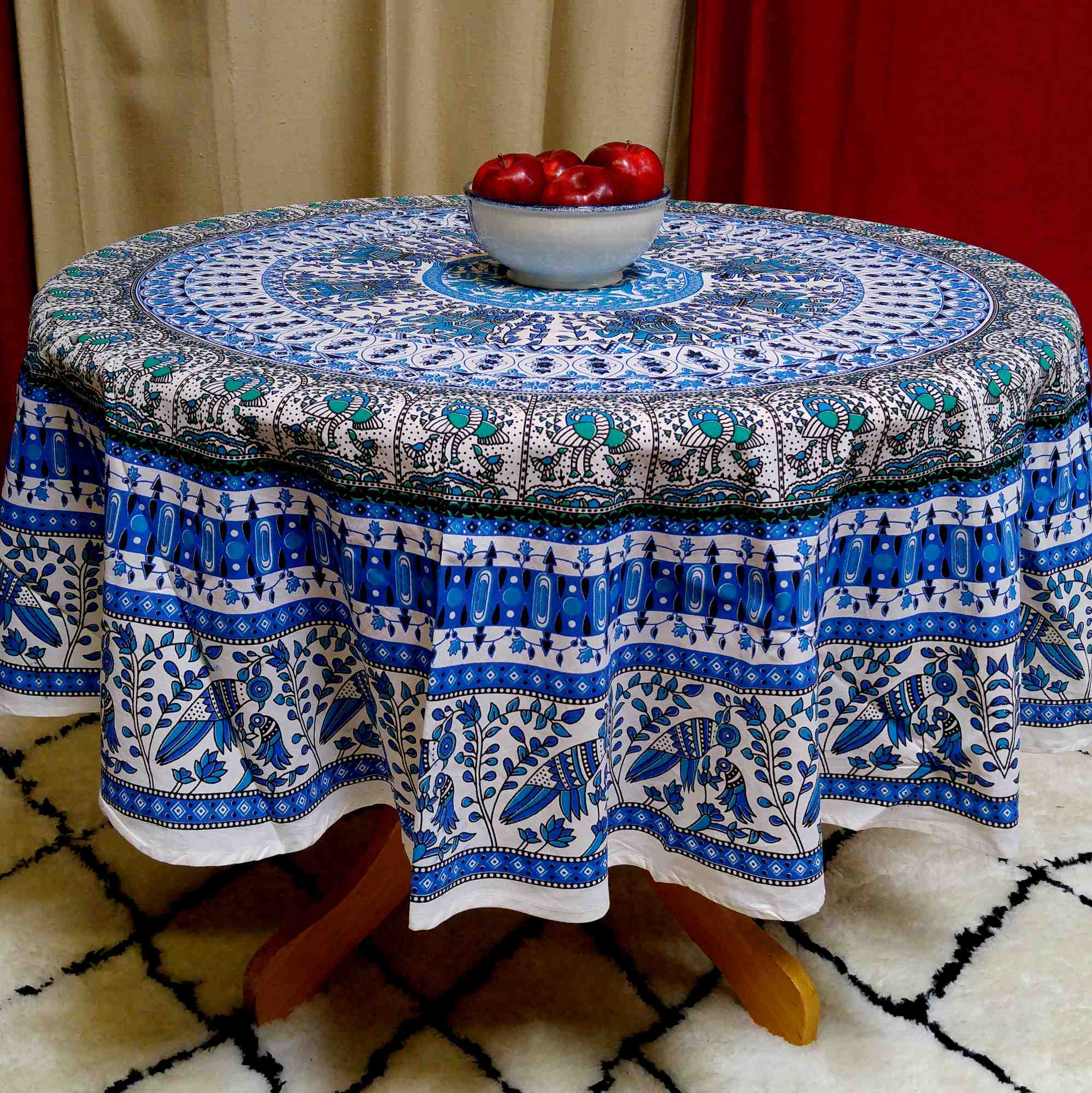 Handmade Elephant and Peacock Print Cotton Tablecloth Round 69 inches Blue - Sweet Us