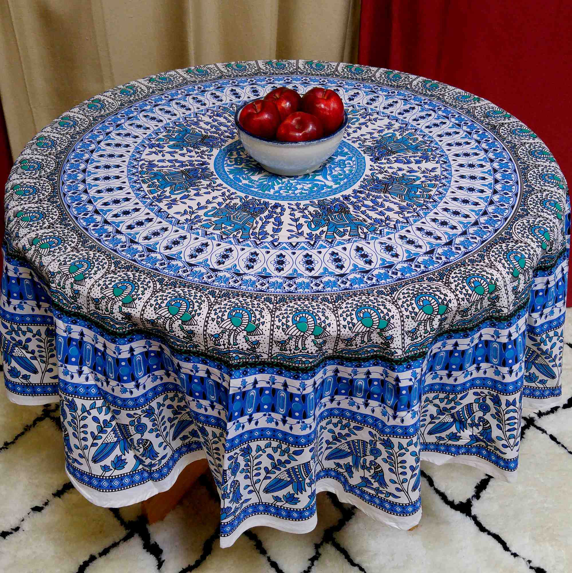 Handmade Elephant and Peacock Print Cotton Tablecloth Round 69 inches Blue - Sweet Us