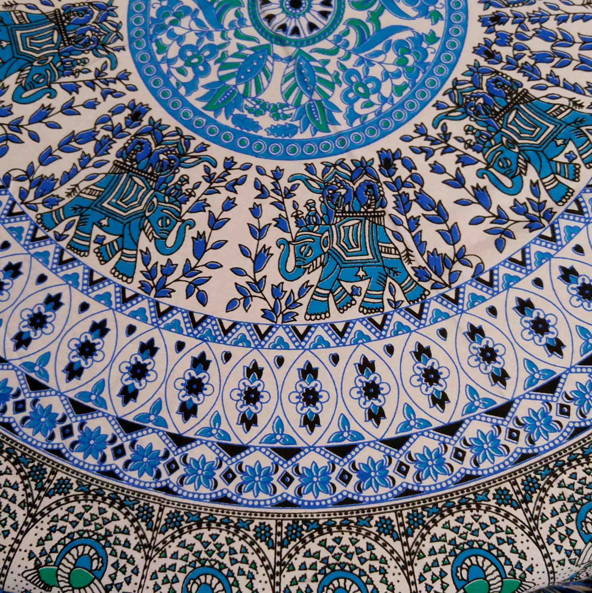 Handmade Elephant and Peacock Print Cotton Tablecloth Round 69 inches Blue - Sweet Us