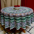 Elephant and Peacock Print Cotton Floral Tablecloth Round 69 inches Green Red - Sweet Us