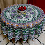 Elephant and Peacock Print Cotton Floral Tablecloth Round 69 inches Green Red