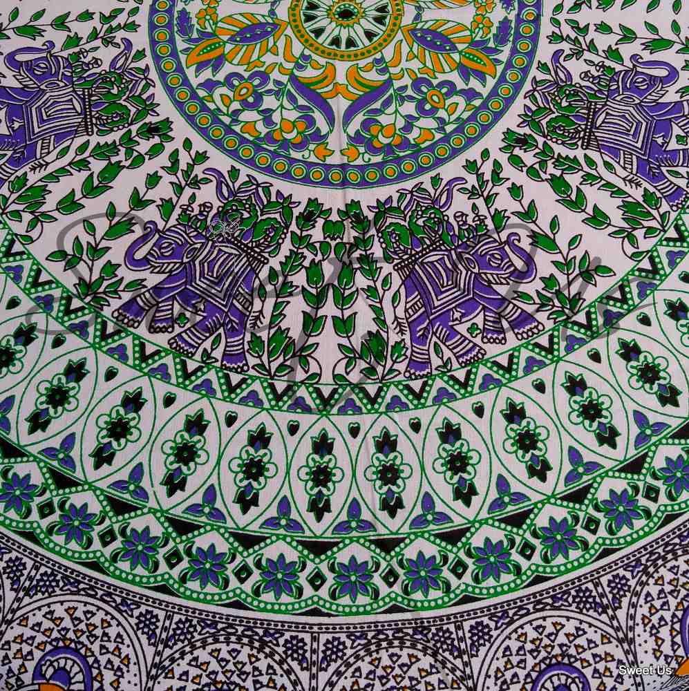 Elephant and Peacock Print Cotton Floral Tablecloth Round 69 inches Green Red