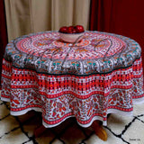 Elephant and Peacock Print Cotton Floral Tablecloth Round 69 inches Green Red