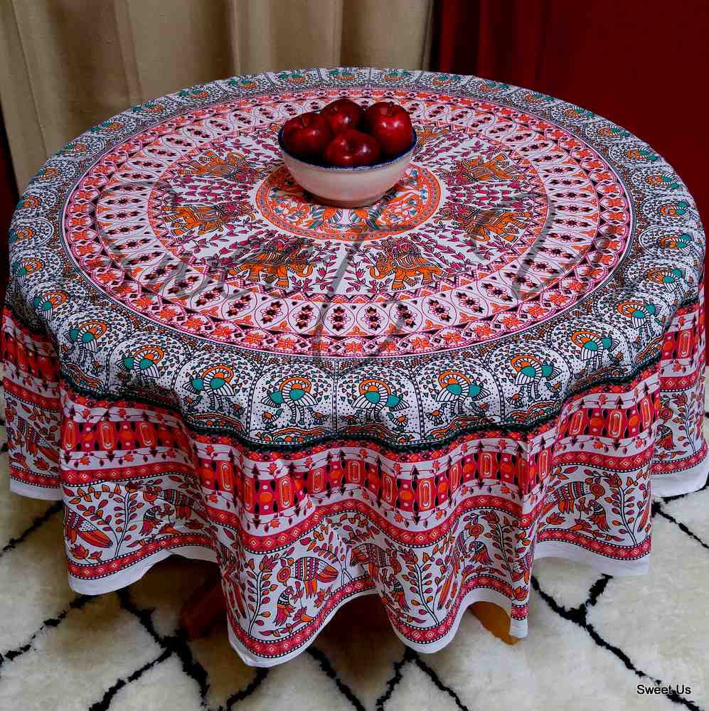 Elephant and Peacock Print Cotton Floral Tablecloth Round 69 inches Green Red