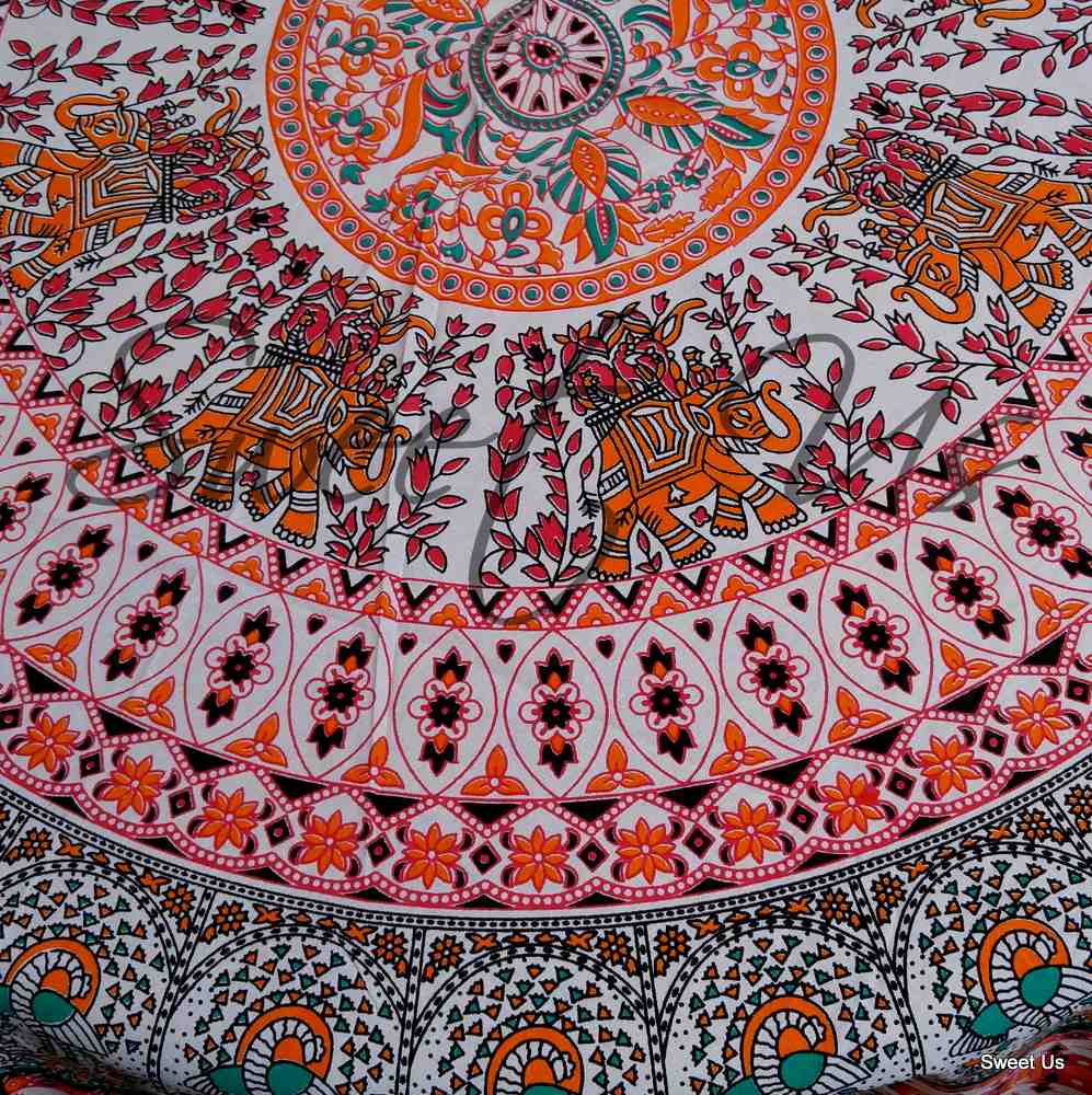 Elephant and Peacock Print Cotton Floral Tablecloth Round 69 inches Green Red