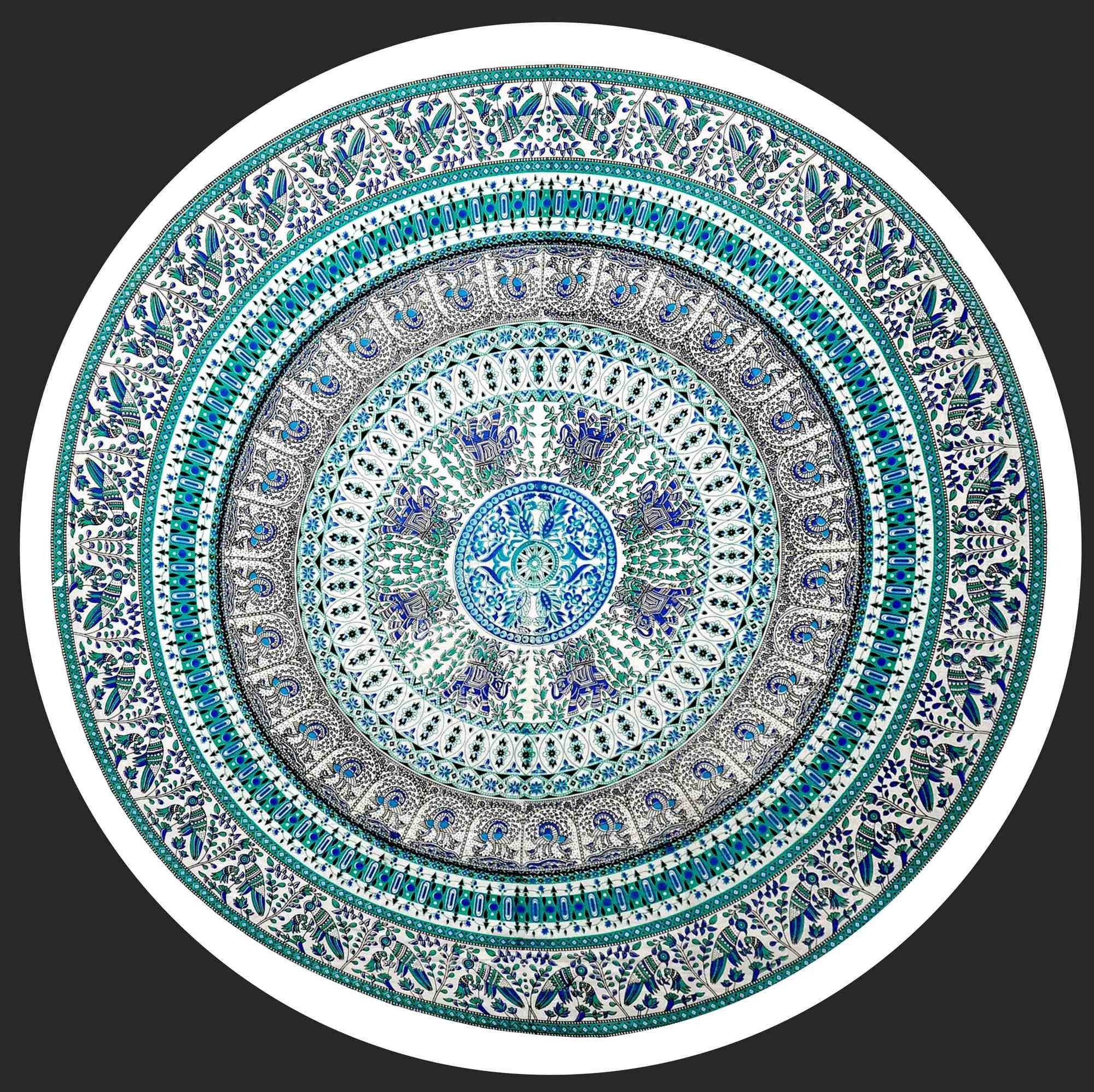 Handmade Elephant and Peacock Print 100% Cotton Tablecloth 69" Round Teal - Sweet Us