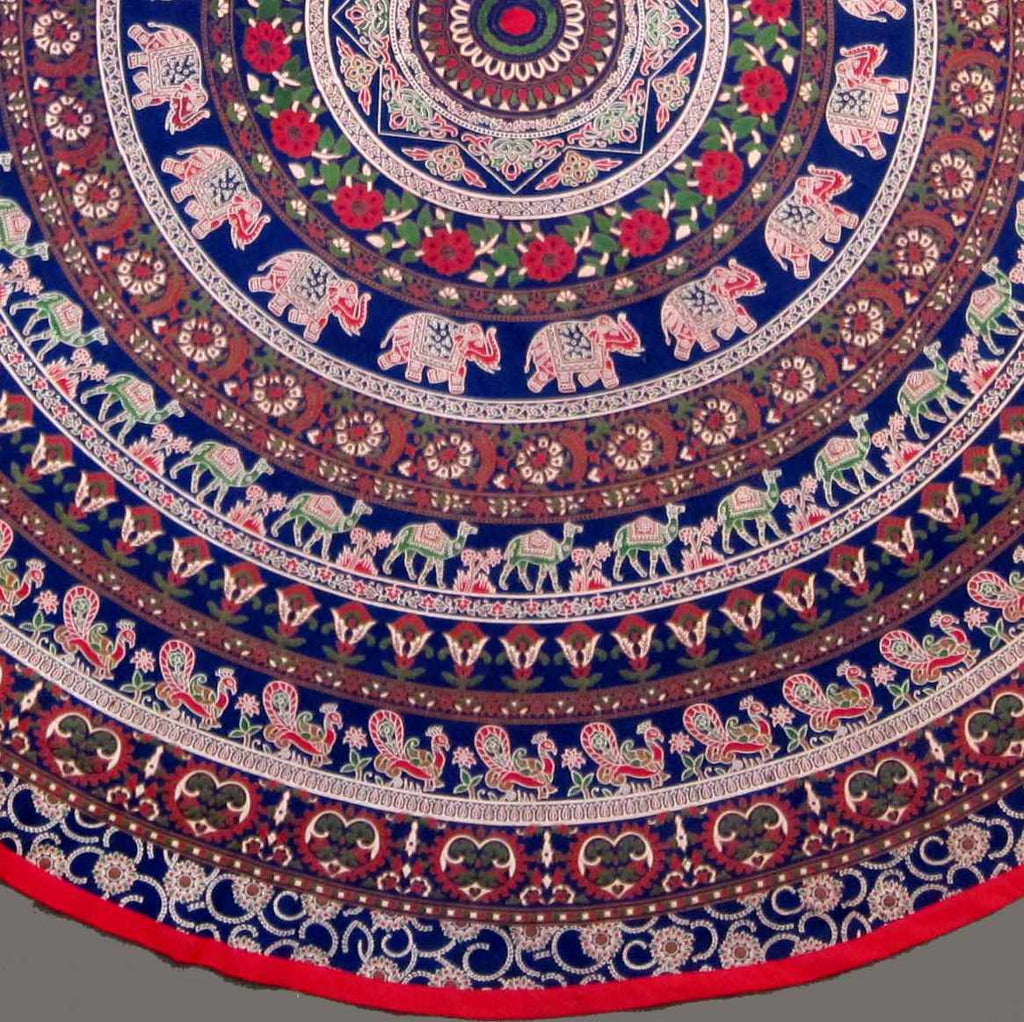 Handmade 100% Cotton Elephant Mandala Floral 81" Round Tablecloth Blue Red Green Golden Brown - Sweet Us