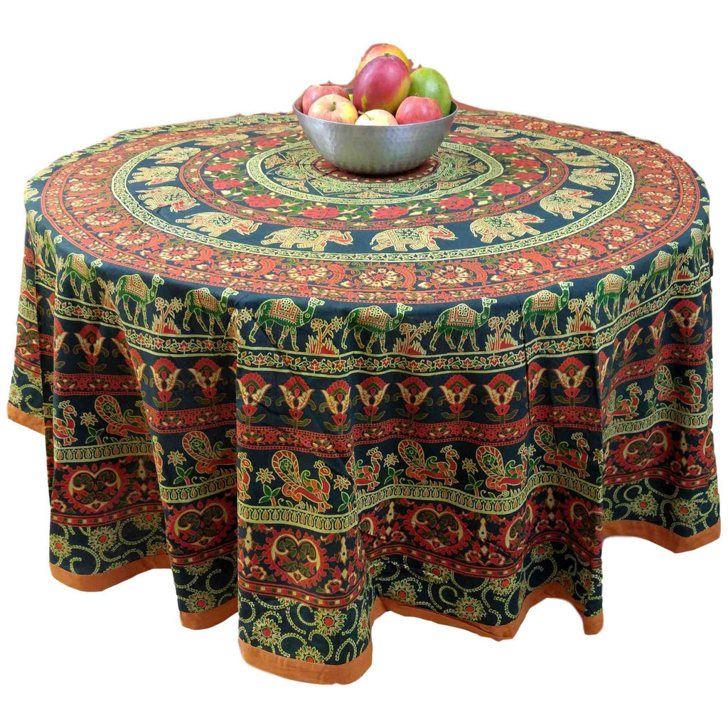 Handmade 100% Cotton Elephant Mandala Floral 81" Round Tablecloth Blue Orange Green Cream - Sweet Us
