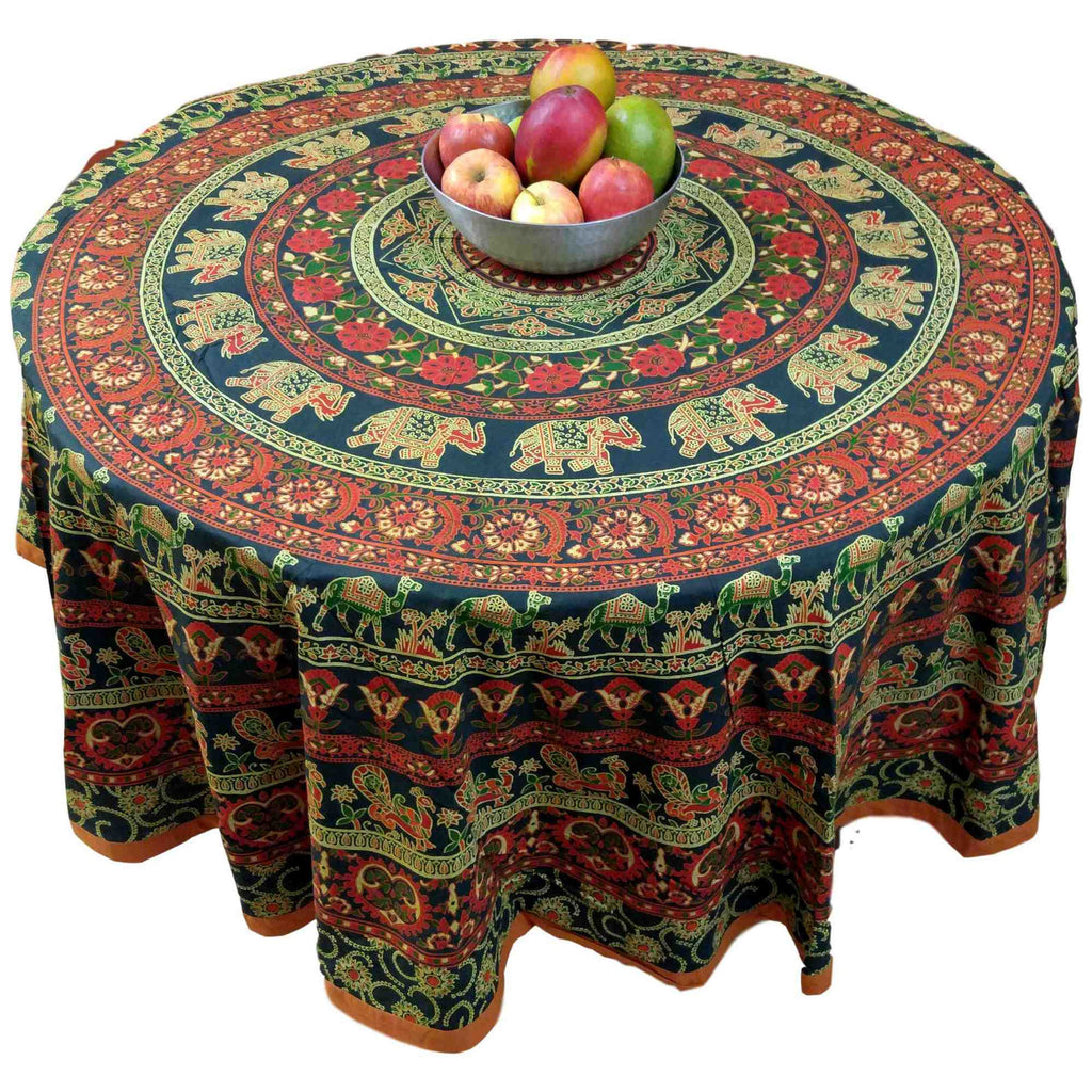 Handmade 100% Cotton Elephant Mandala Floral 81" Round Tablecloth Blue Orange Green Cream - Sweet Us
