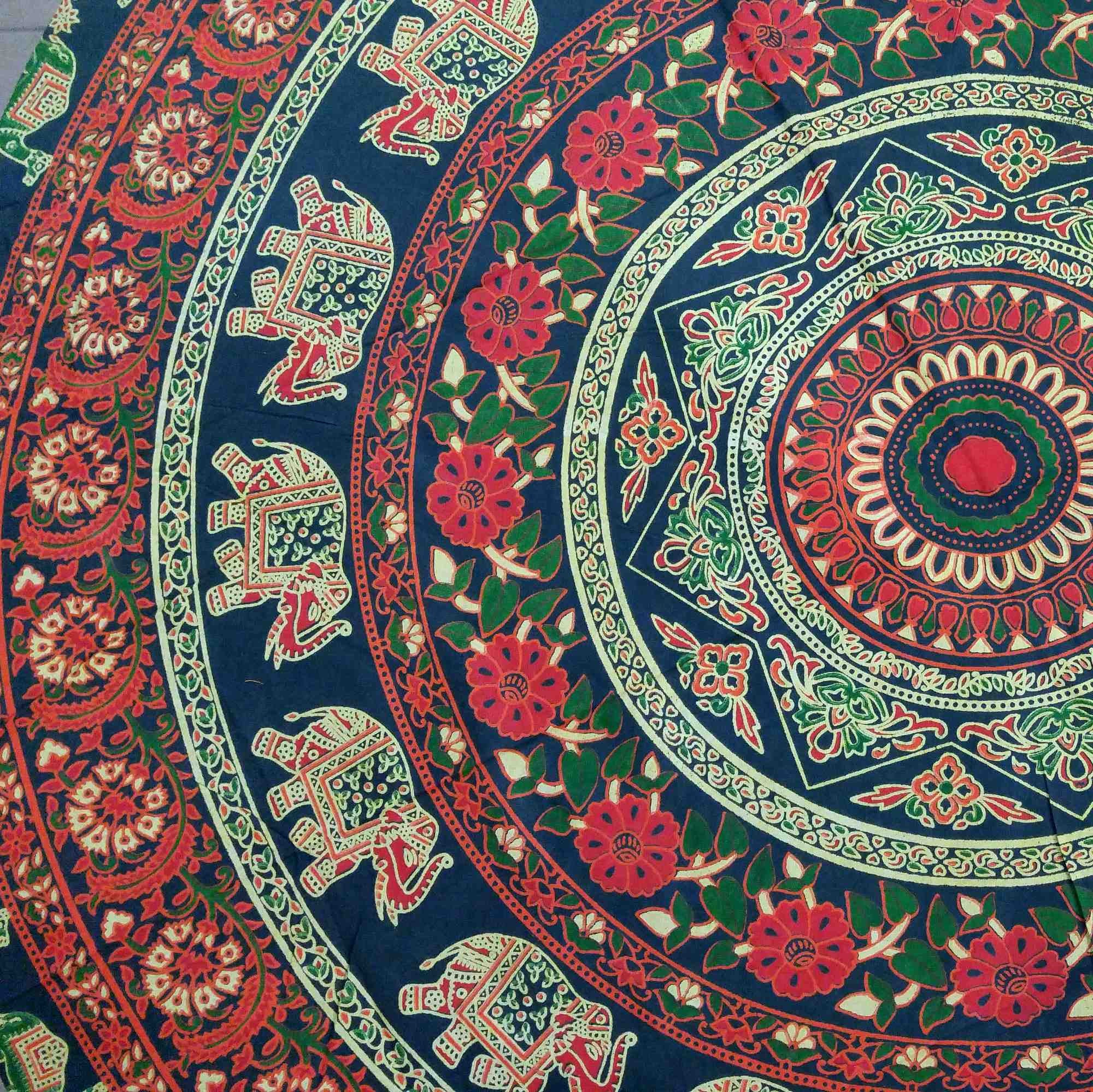 Handmade 100% Cotton Elephant Mandala Floral 81" Round Tablecloth Blue Orange Green Cream - Sweet Us