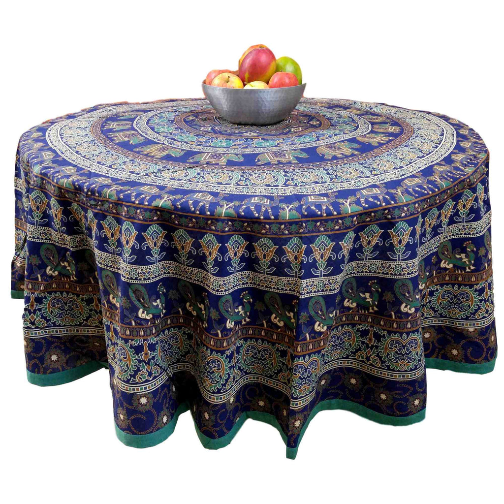 Handmade 100% Cotton Elephant Mandala Floral 81" Round Tablecloth Blue Teal Green Golden Brown - Sweet Us