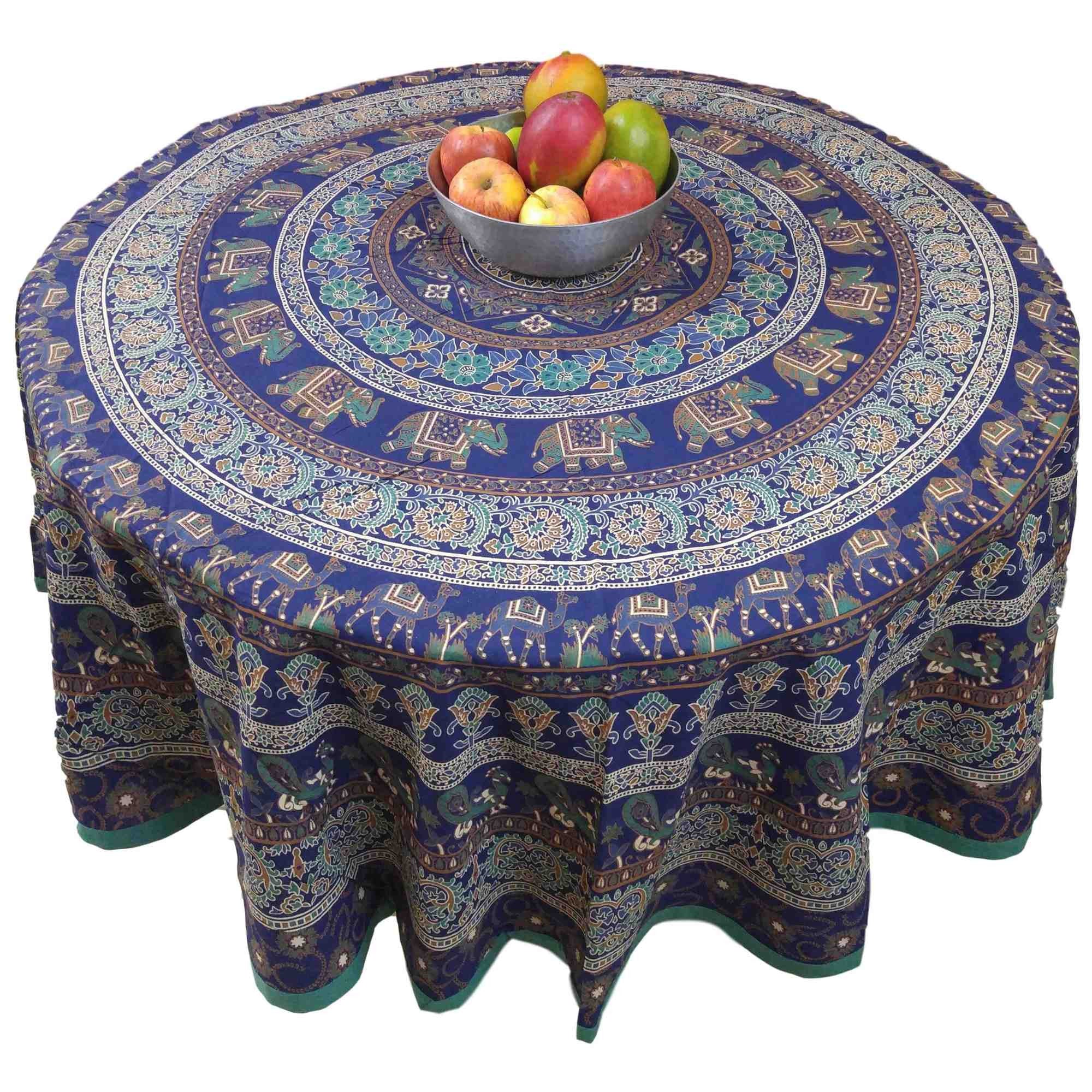 Handmade 100% Cotton Elephant Mandala Floral 81" Round Tablecloth Blue Teal Green Golden Brown - Sweet Us