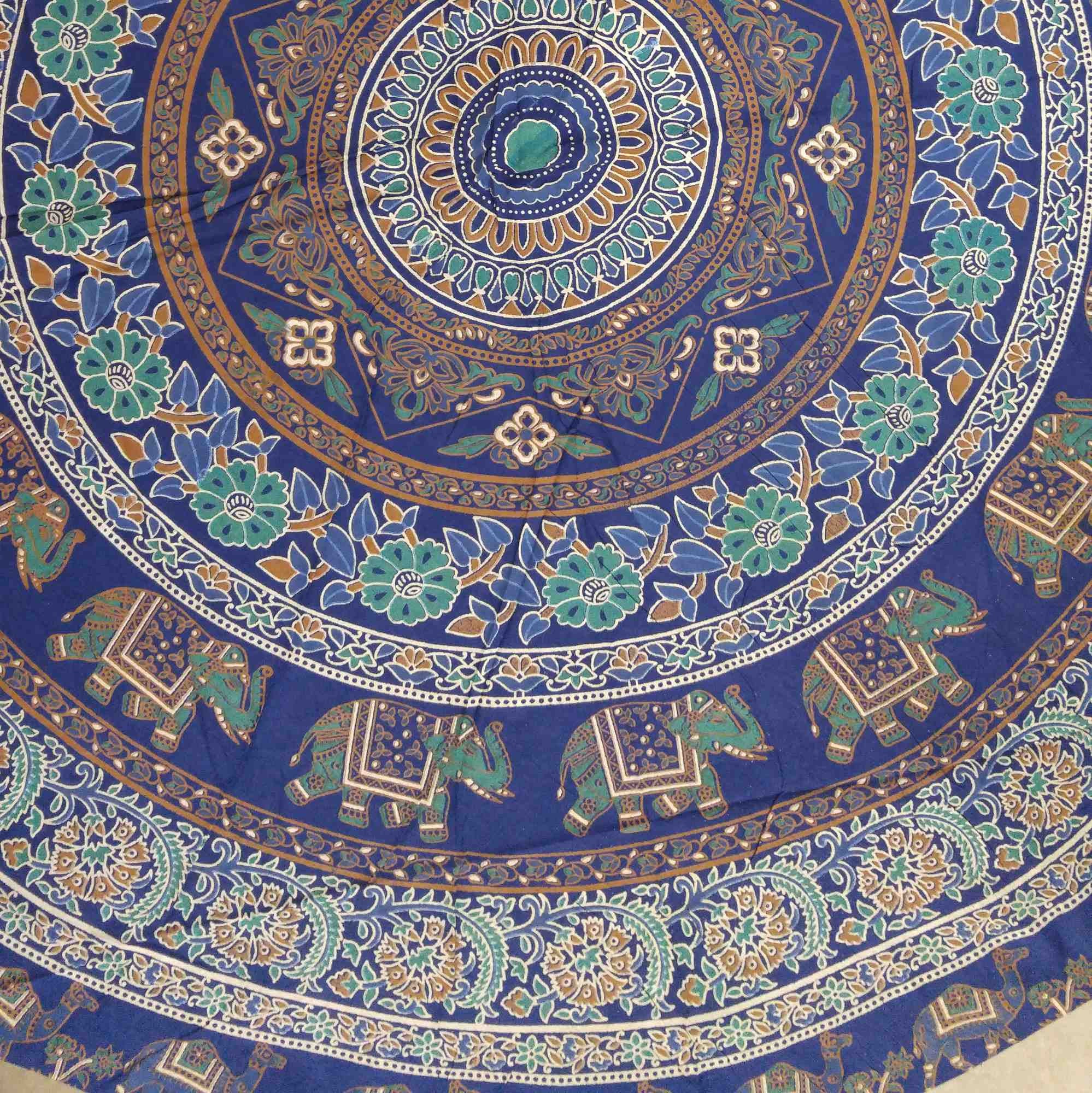 Handmade 100% Cotton Elephant Mandala Floral 81" Round Tablecloth Blue Teal Green Golden Brown - Sweet Us