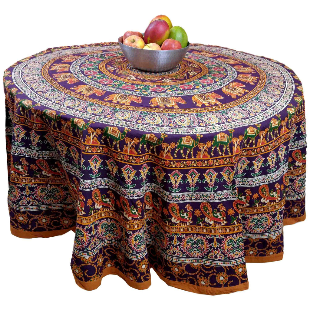 Handmade 100% Cotton Elephant Mandala Floral 81" Round Tablecloth Burgundy Mustard Orange Green - Sweet Us