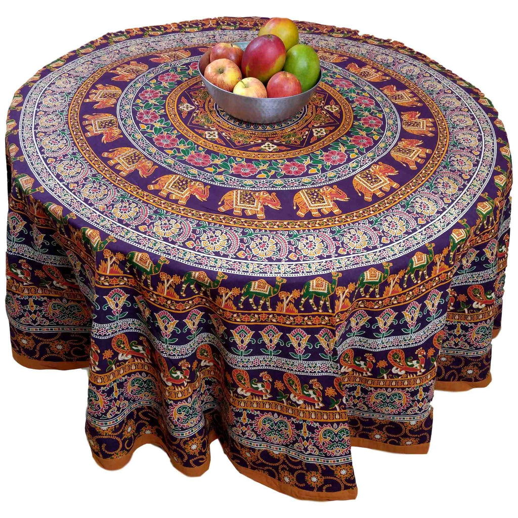 Handmade 100% Cotton Elephant Mandala Floral 81" Round Tablecloth Burgundy Mustard Orange Green - Sweet Us