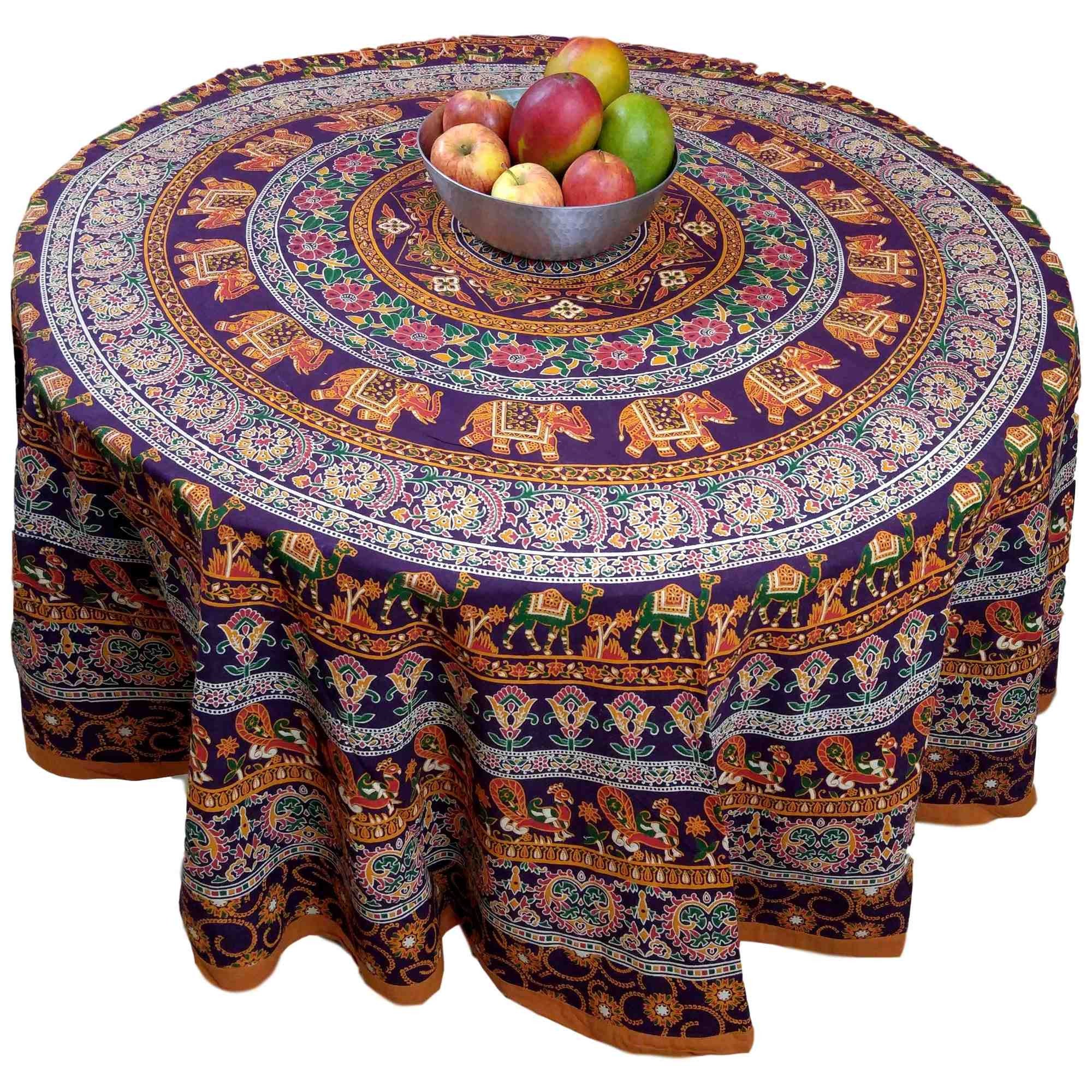 Handmade 100% Cotton Elephant Mandala Floral 81" Round Tablecloth Burgundy Mustard Orange Green - Sweet Us
