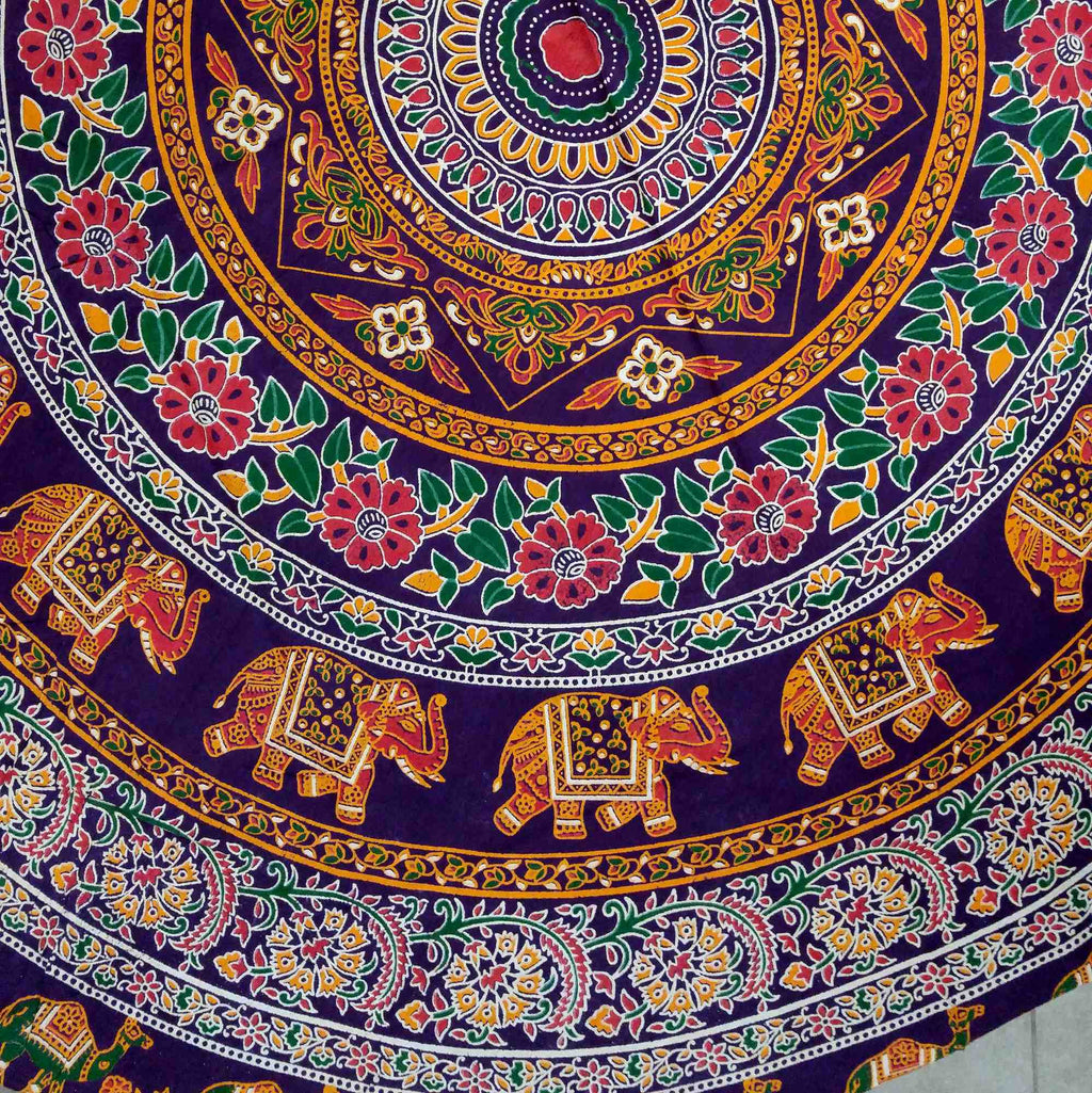 Handmade 100% Cotton Elephant Mandala Floral 81" Round Tablecloth Burgundy Mustard Orange Green - Sweet Us