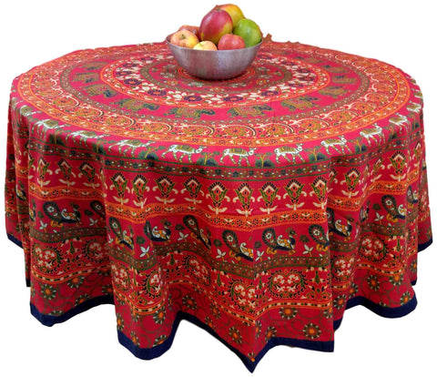 Handmade 100% Cotton Elephant Mandala Floral 81" Round Tablecloth Red Blue Saffron Green - Sweet Us