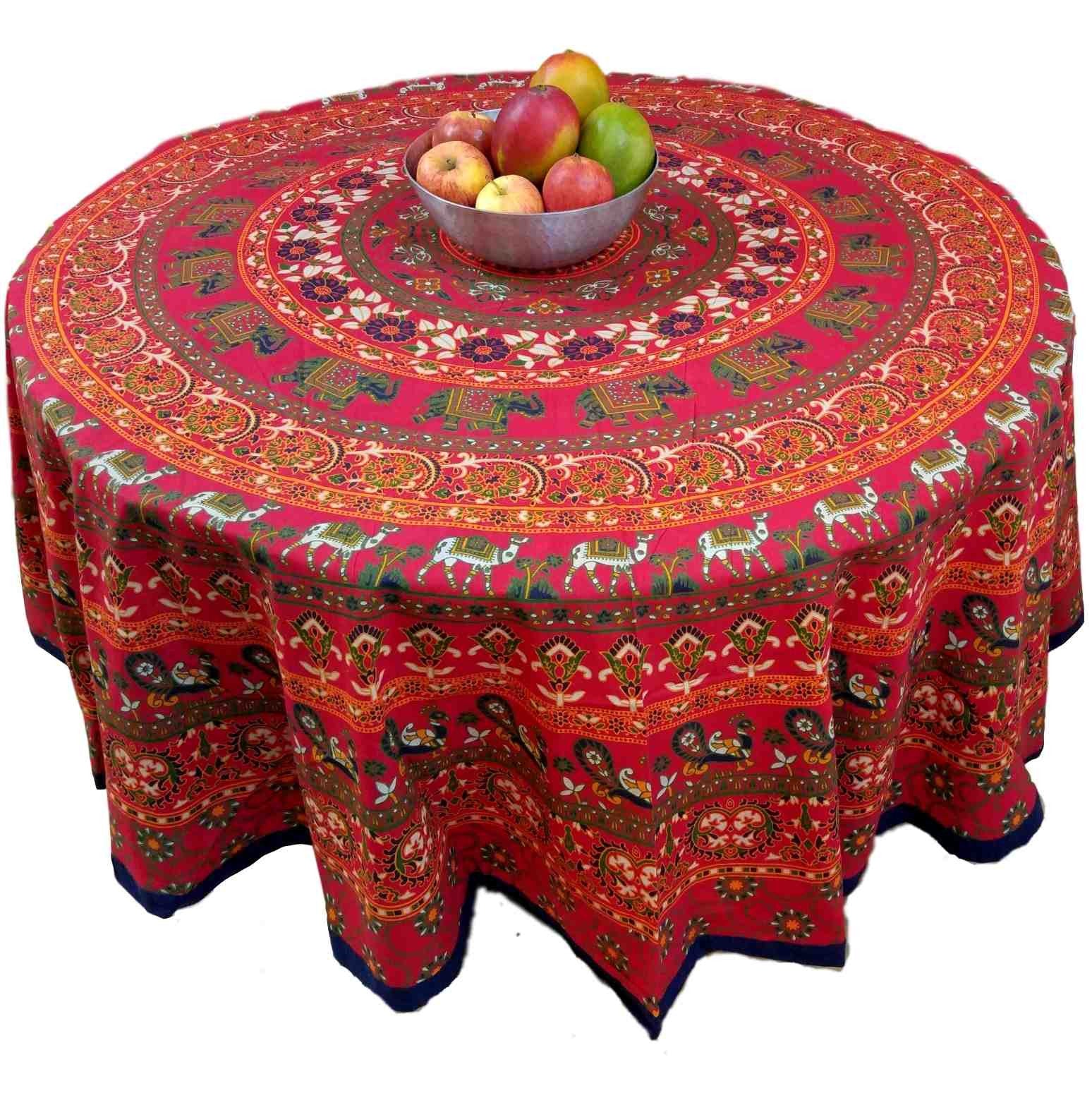 Handmade 100% Cotton Elephant Mandala Floral 81" Round Tablecloth Red Blue Saffron Green - Sweet Us