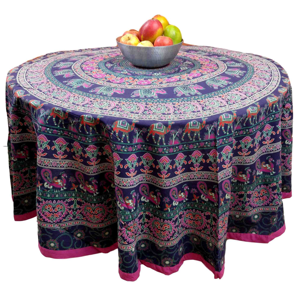 Handmade 100% Cotton Elephant Mandala Floral 81" Round Tablecloth Blue Pink Green Orange - Sweet Us