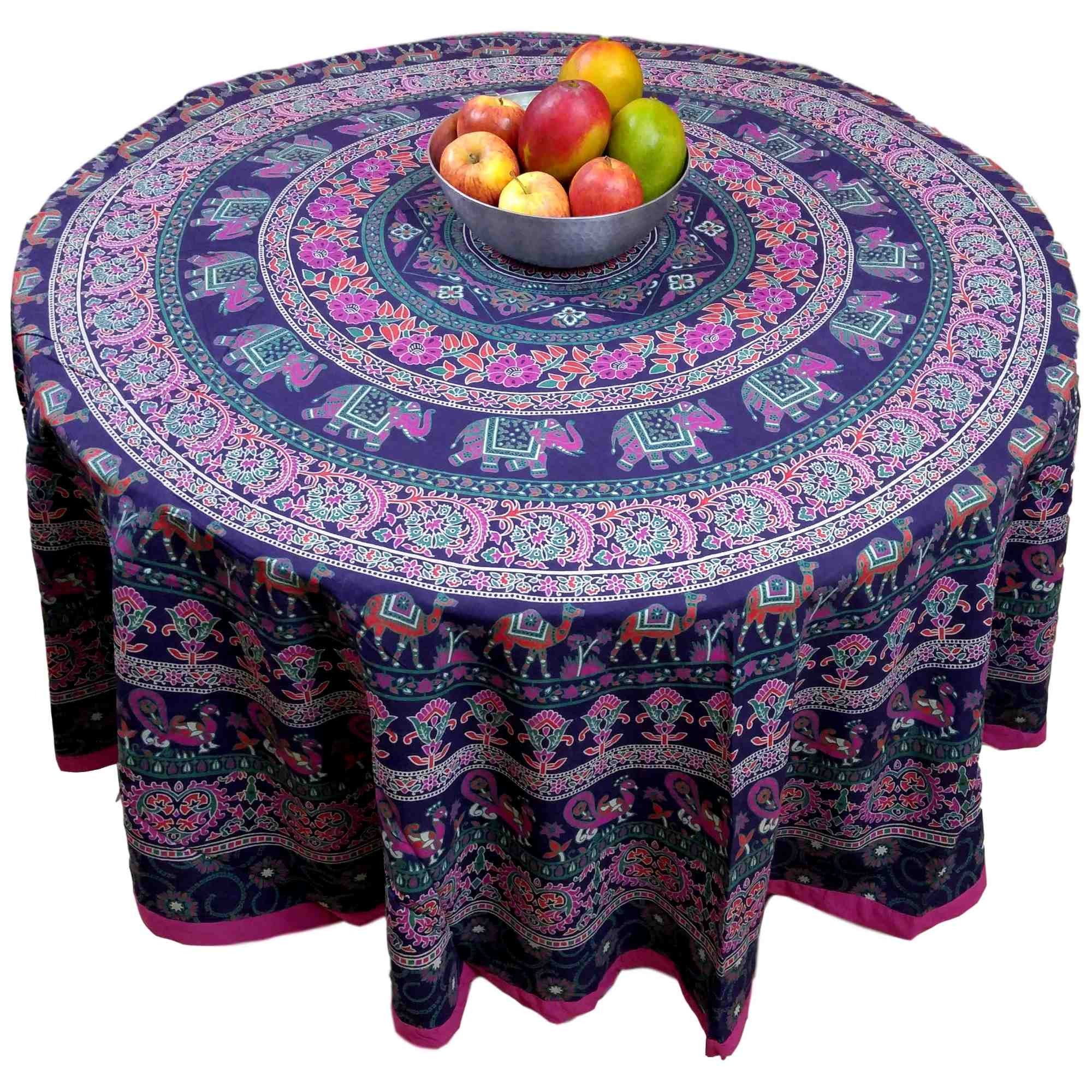 Handmade 100% Cotton Elephant Mandala Floral 81" Round Tablecloth Blue Pink Green Orange - Sweet Us