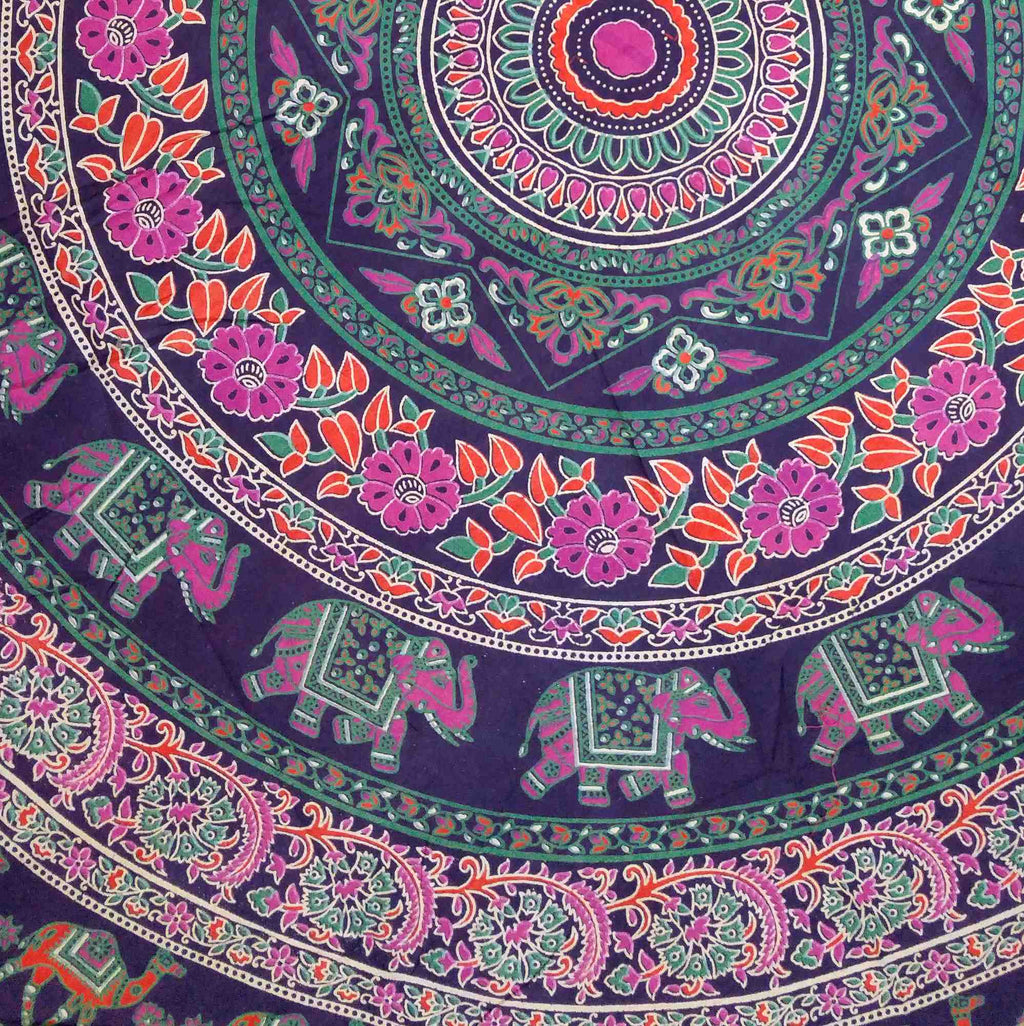 Handmade 100% Cotton Elephant Mandala Floral 81" Round Tablecloth Blue Pink Green Orange - Sweet Us