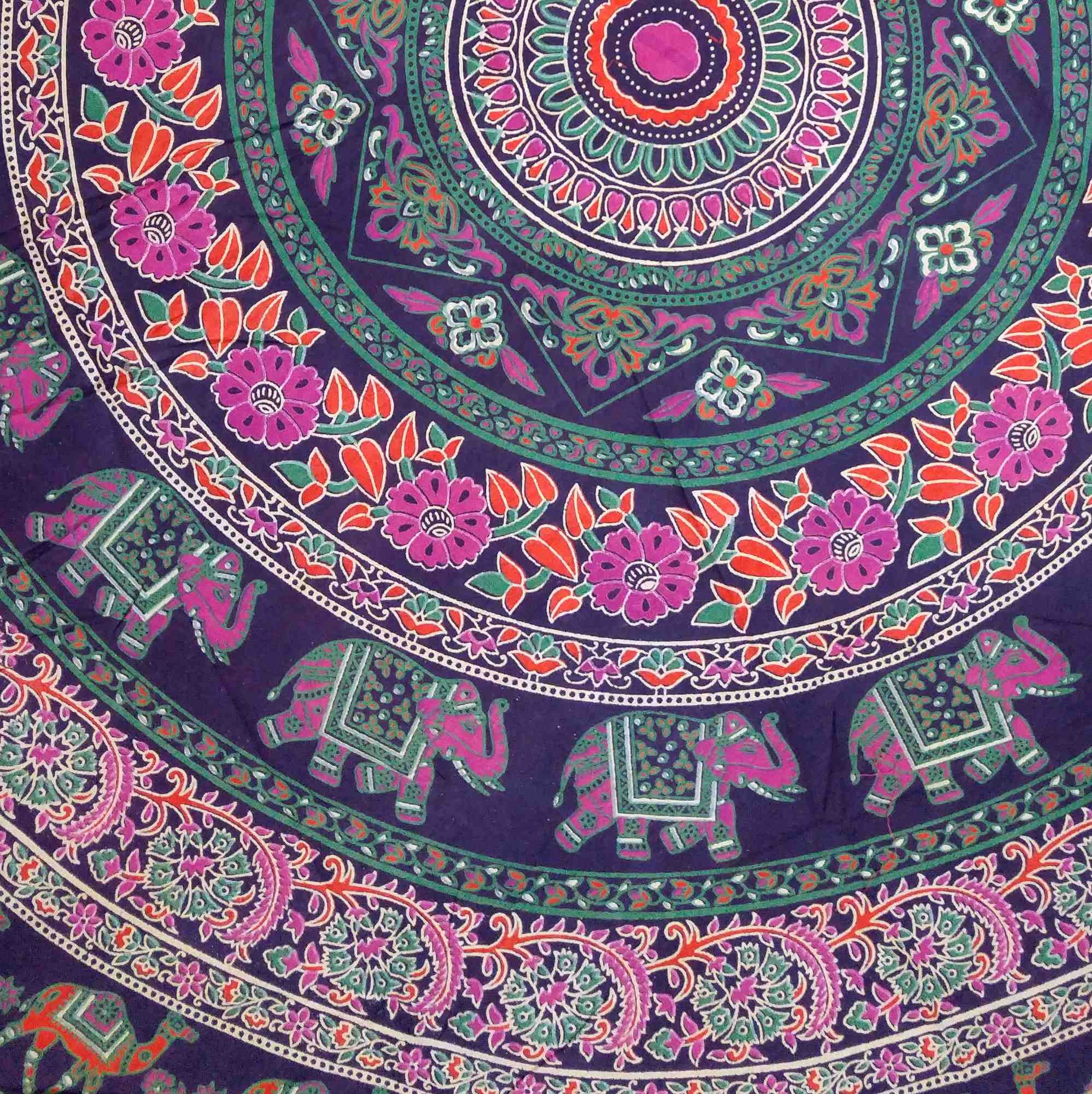 Handmade 100% Cotton Elephant Mandala Floral 81" Round Tablecloth Blue Pink Green Orange - Sweet Us