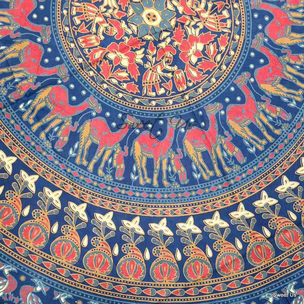 Cotton Elephant Mandala Floral Tablecloth Round 81 in Blue Red Gold