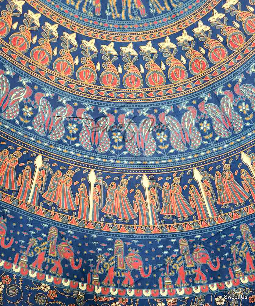 Cotton Elephant Mandala Floral Tablecloth Round 81 in Blue Red Gold