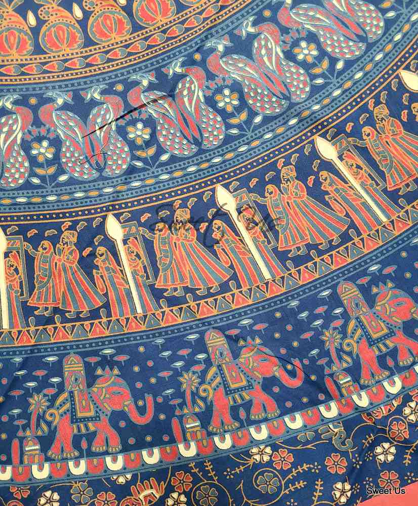 Cotton Elephant Mandala Floral Tablecloth Round 81 in Blue Red Gold