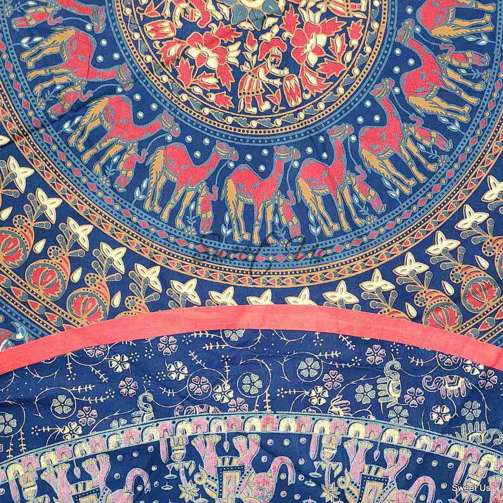 Cotton Elephant Mandala Floral Tablecloth Round 81 in Blue Red Gold